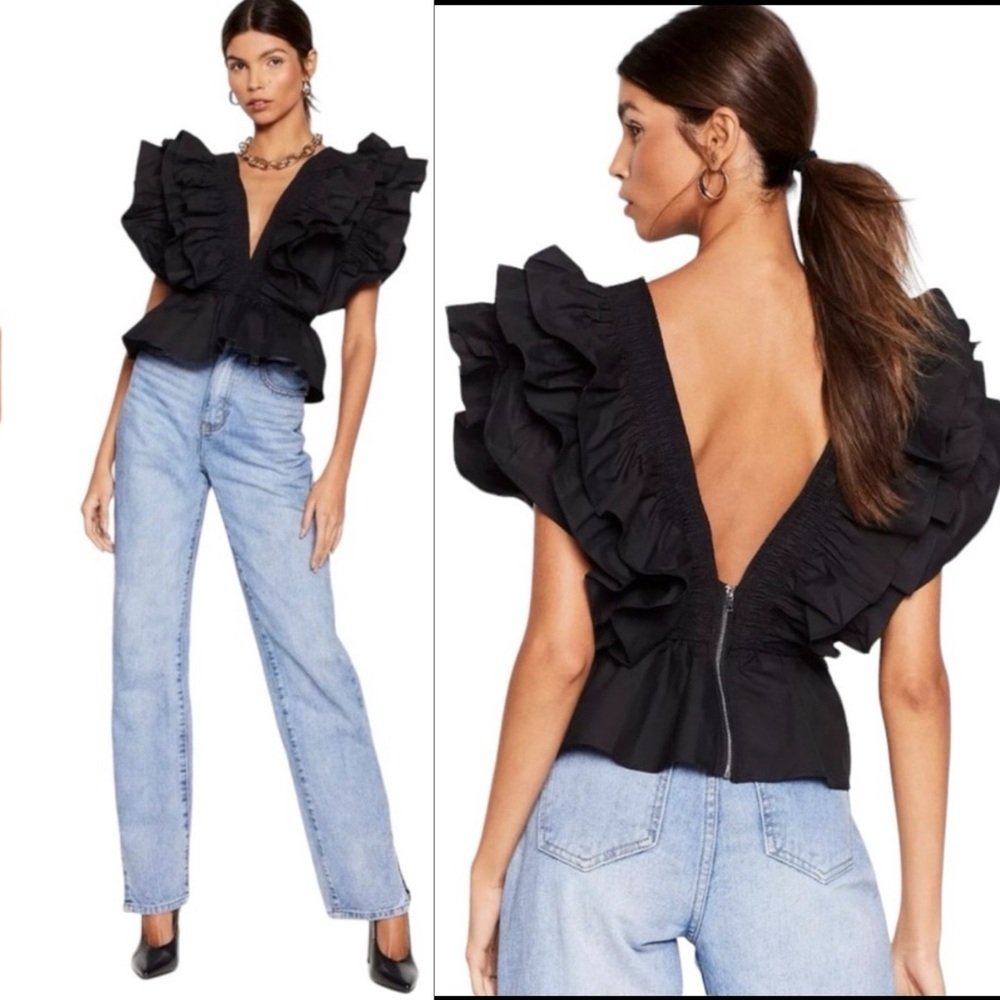 Nasty Gal black ruffled,‎ deep, plunge neck crop top size 2